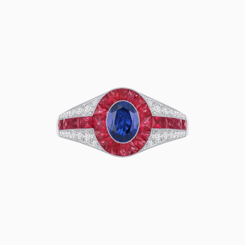 Art Deco Inspired Oval Cut Ring with Calibré Gemstone Halo and Diamond Accents - Shahin Jewelry