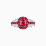 Load image into Gallery viewer, Art Deco Inspired Oval Cut Ring with Calibré Gemstone Halo and Diamond Accents - Shahin Jewelry