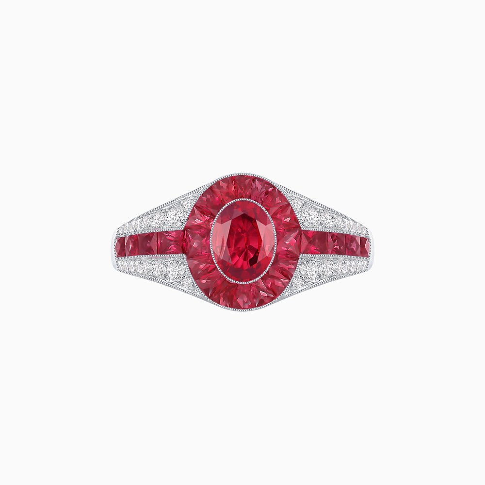 Art Deco Inspired Oval Cut Ring with Calibré Gemstone Halo and Diamond Accents - Shahin Jewelry