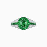 Load image into Gallery viewer, Art Deco Inspired Oval Cut Ring with Calibré Gemstone Halo and Diamond Accents - Shahin Jewelry