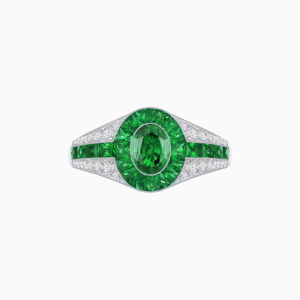Art Deco Inspired Oval Cut Ring with Calibré Gemstone Halo and Diamond Accents - Shahin Jewelry