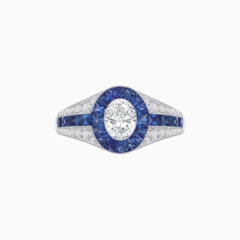 Art Deco Inspired Oval Cut Ring with Calibré Gemstone Halo and Diamond Accents - Shahin Jewelry