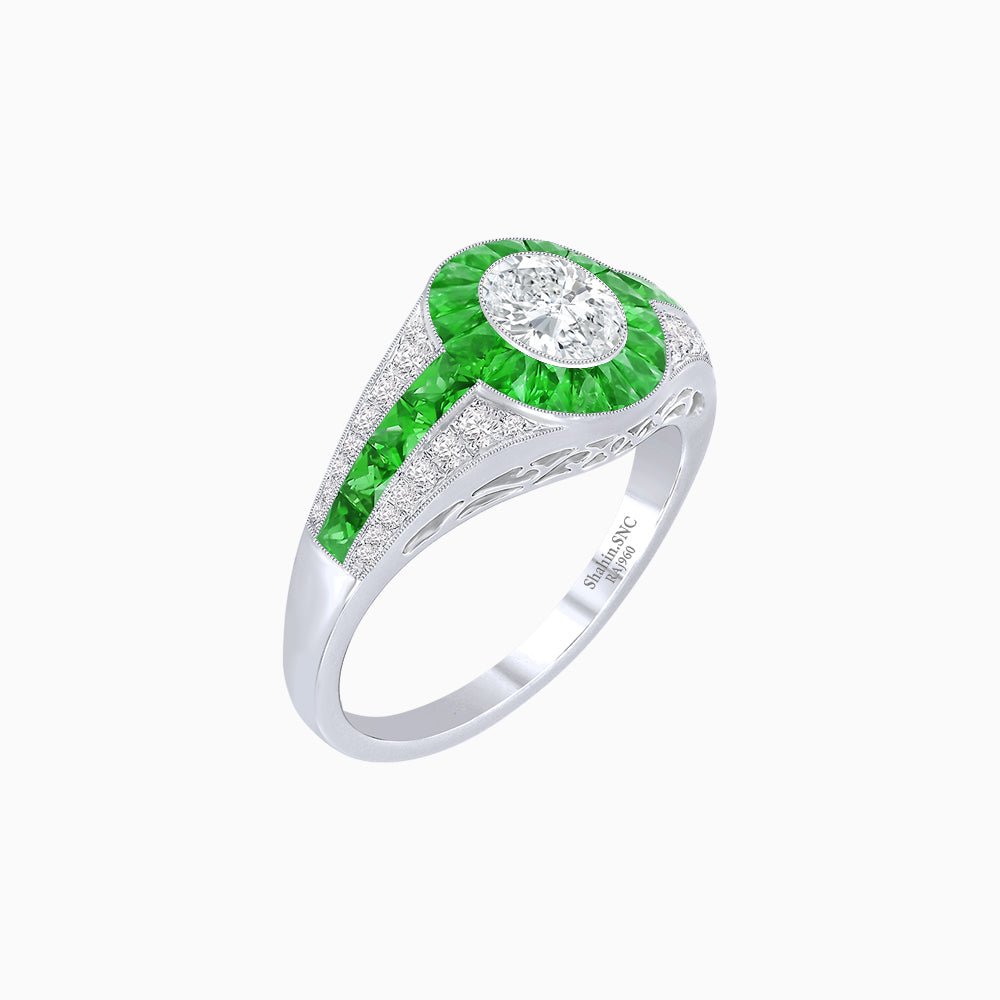 Art Deco Inspired Oval Cut Ring with Calibré Gemstone Halo and Diamond Accents - Shahin Jewelry