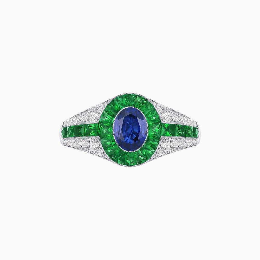Art Deco Inspired Oval Cut Ring with Calibré Gemstone Halo and Diamond Accents - Shahin Jewelry