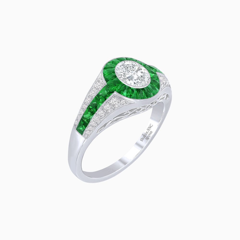 Art Deco Inspired Oval Cut Ring with Calibré Gemstone Halo and Diamond Accents - Shahin Jewelry
