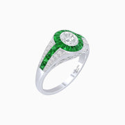 Art Deco Inspired Oval Cut Ring with Calibré Gemstone Halo and Diamond Accents - Shahin Jewelry