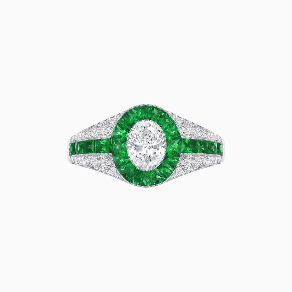 Art Deco Inspired Oval Cut Ring with Calibré Gemstone Halo and Diamond Accents - Shahin Jewelry