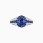 Load image into Gallery viewer, Art Deco Inspired Oval Cut Ring with Calibré Gemstone Halo and Diamond Accents - Shahin Jewelry