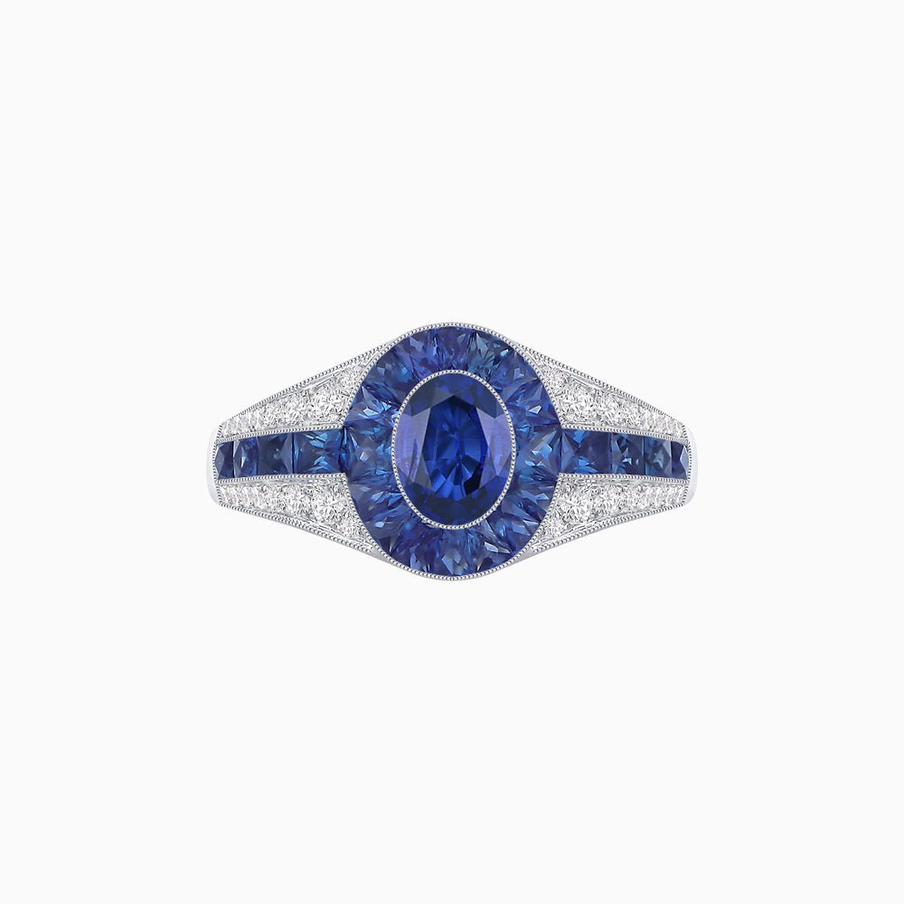 Art Deco Inspired Oval Cut Ring with Calibré Gemstone Halo and Diamond Accents - Shahin Jewelry