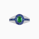 Load image into Gallery viewer, Art Deco Inspired Oval Cut Ring with Calibré Gemstone Halo and Diamond Accents - Shahin Jewelry