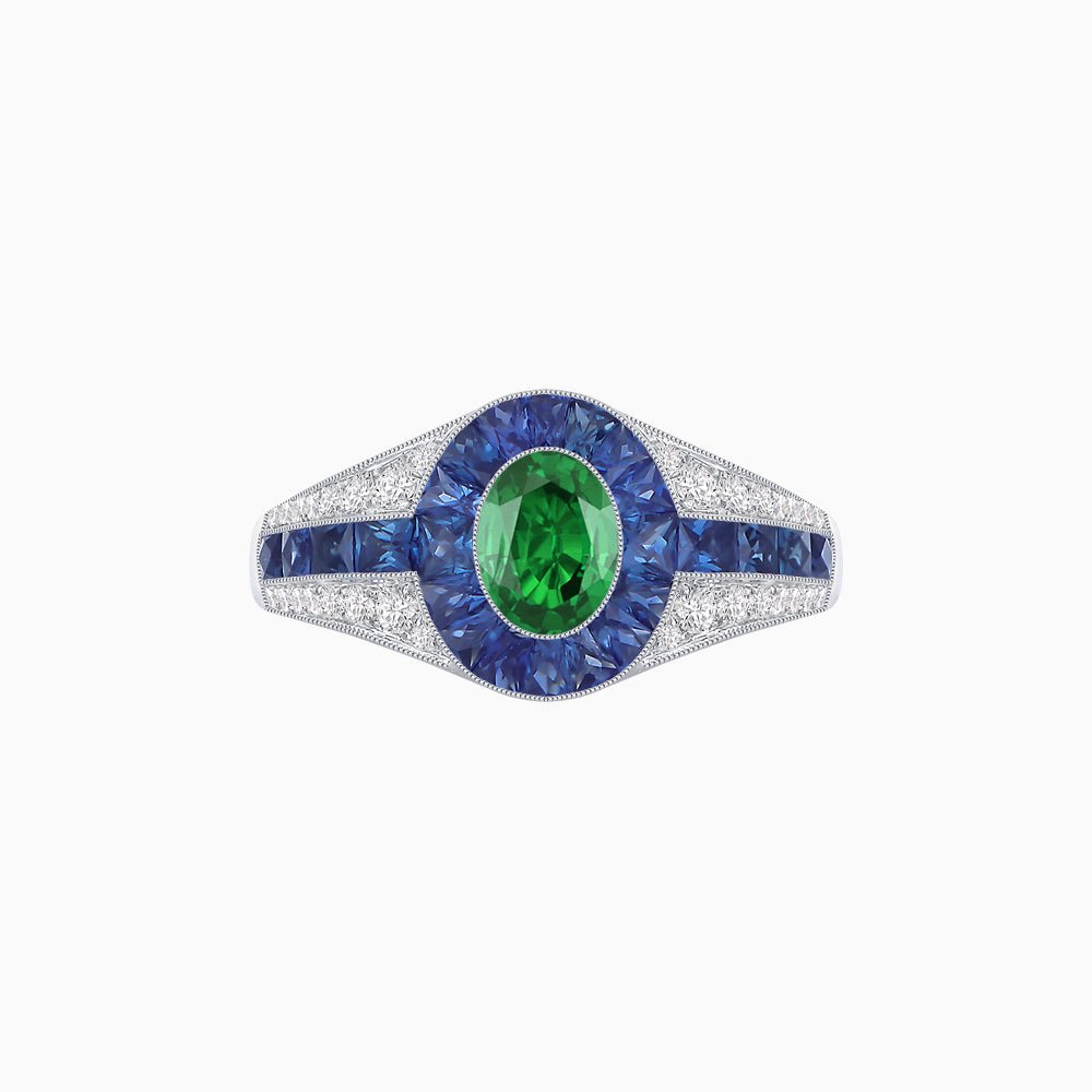 Art Deco Inspired Oval Cut Ring with Calibré Gemstone Halo and Diamond Accents - Shahin Jewelry