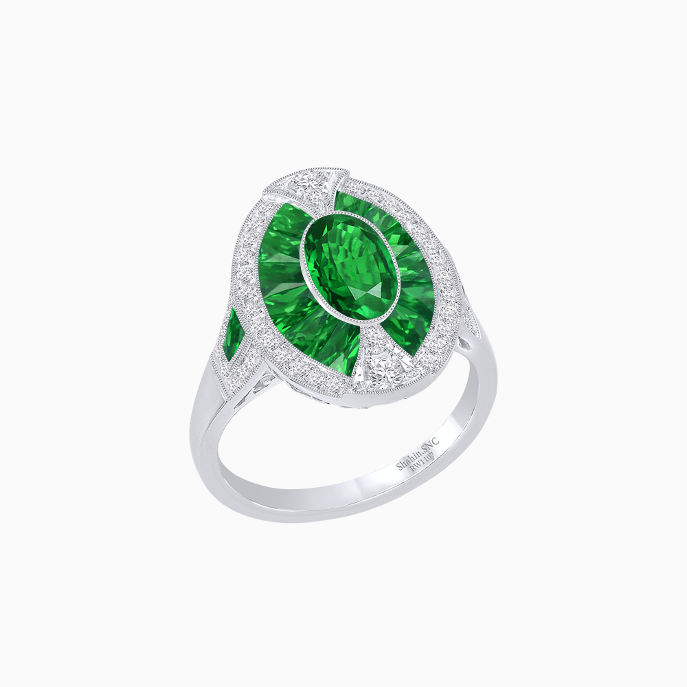 Art Deco Inspired Oval-Cut Ring with French-Cut Gemstone Halo - Shahin Jewelry