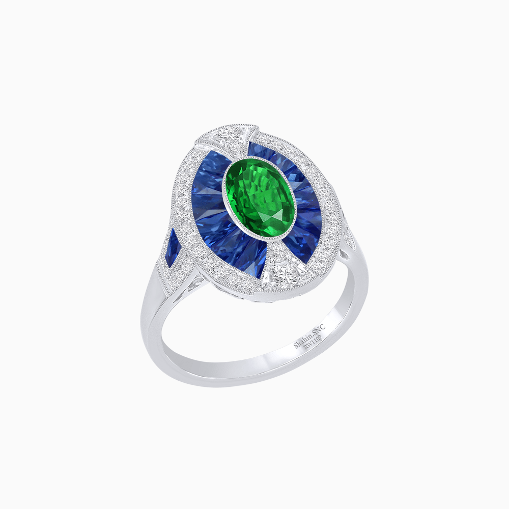 Art Deco Inspired Oval-Cut Ring with French-Cut Gemstone Halo - Shahin Jewelry
