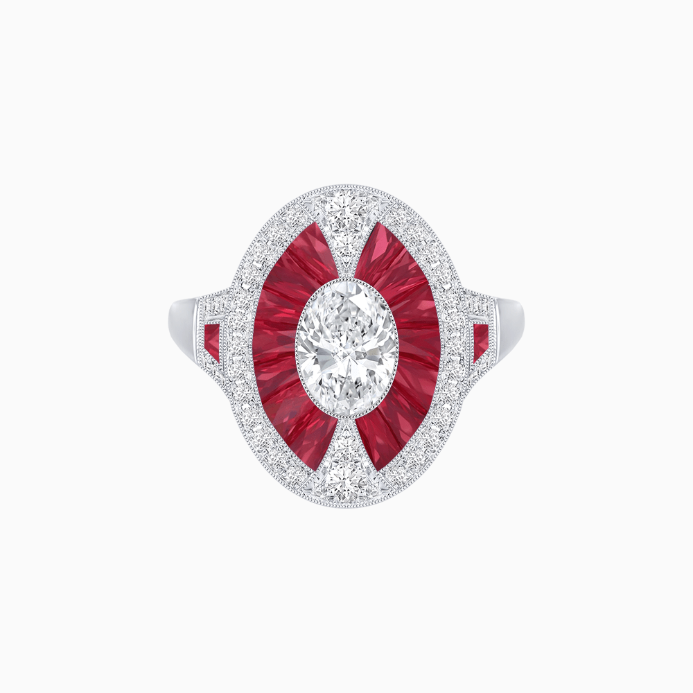 Art Deco Inspired Oval-Cut Ring with French-Cut Gemstone Halo - Shahin Jewelry