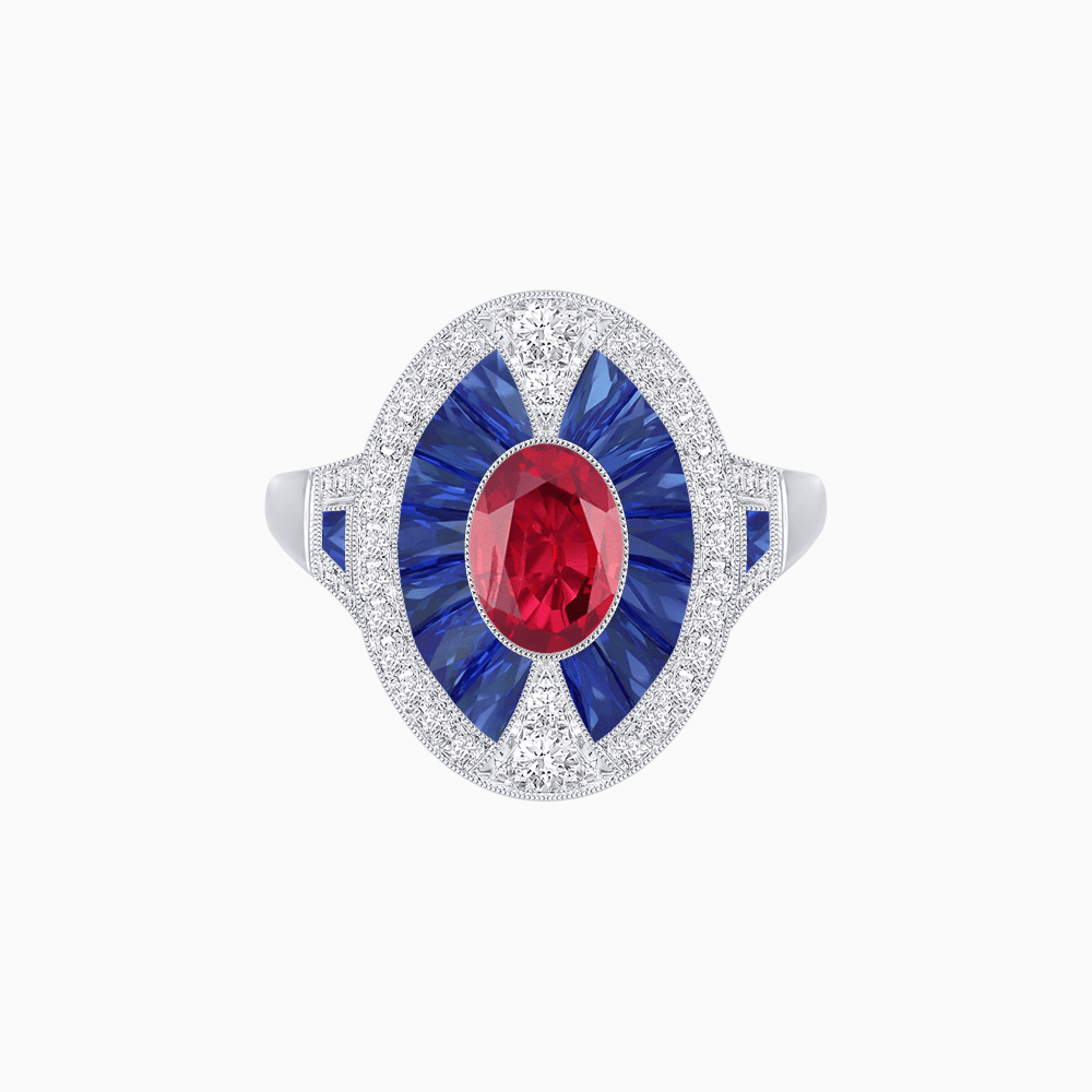 Art Deco Inspired Oval-Cut Ring with French-Cut Gemstone Halo - Shahin Jewelry