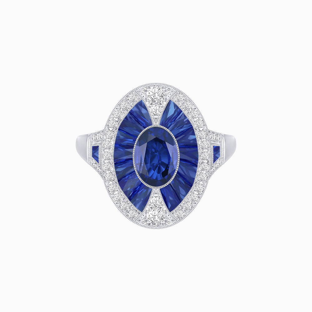 Art Deco Inspired Oval-Cut Ring with French-Cut Gemstone Halo - Shahin Jewelry