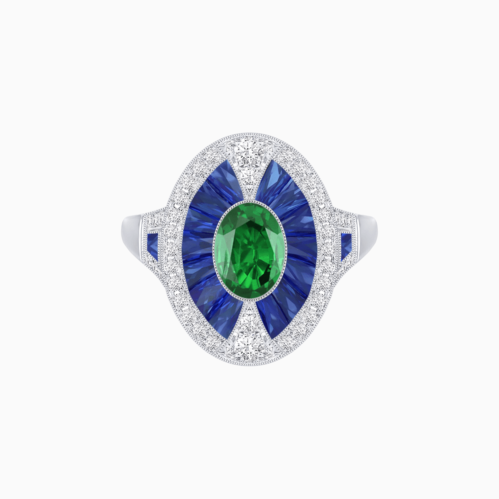 Art Deco Inspired Oval-Cut Ring with French-Cut Gemstone Halo - Shahin Jewelry