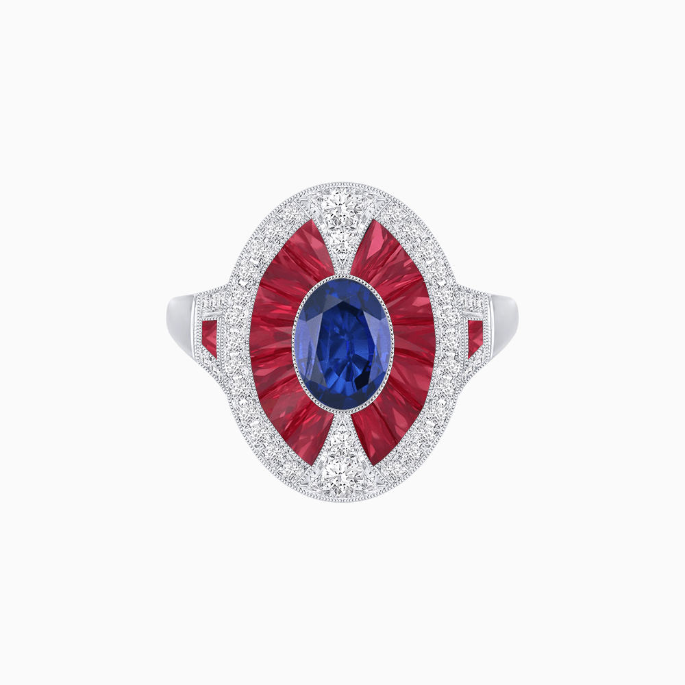 Art Deco Inspired Oval-Cut Ring with French-Cut Gemstone Halo - Shahin Jewelry