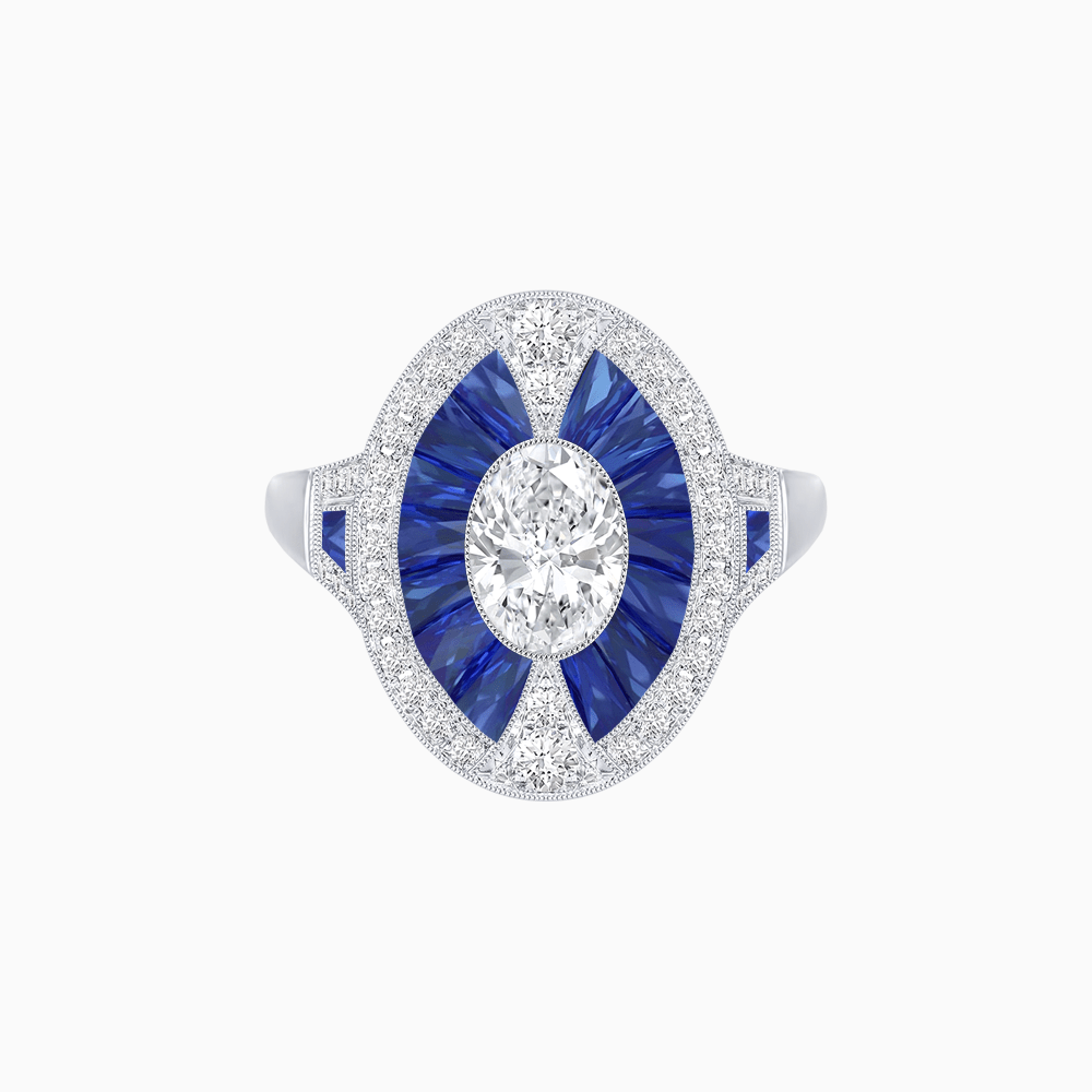 Art Deco Inspired Oval-Cut Ring with French-Cut Gemstone Halo - Shahin Jewelry