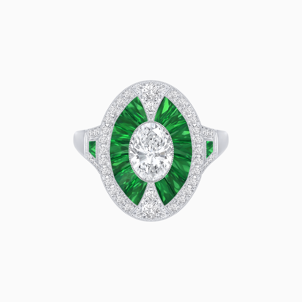 Art Deco Inspired Oval-Cut Ring with French-Cut Gemstone Halo - Shahin Jewelry
