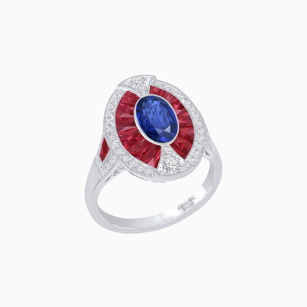 Art Deco Inspired Oval-Cut Ring with French-Cut Gemstone Halo - Shahin Jewelry