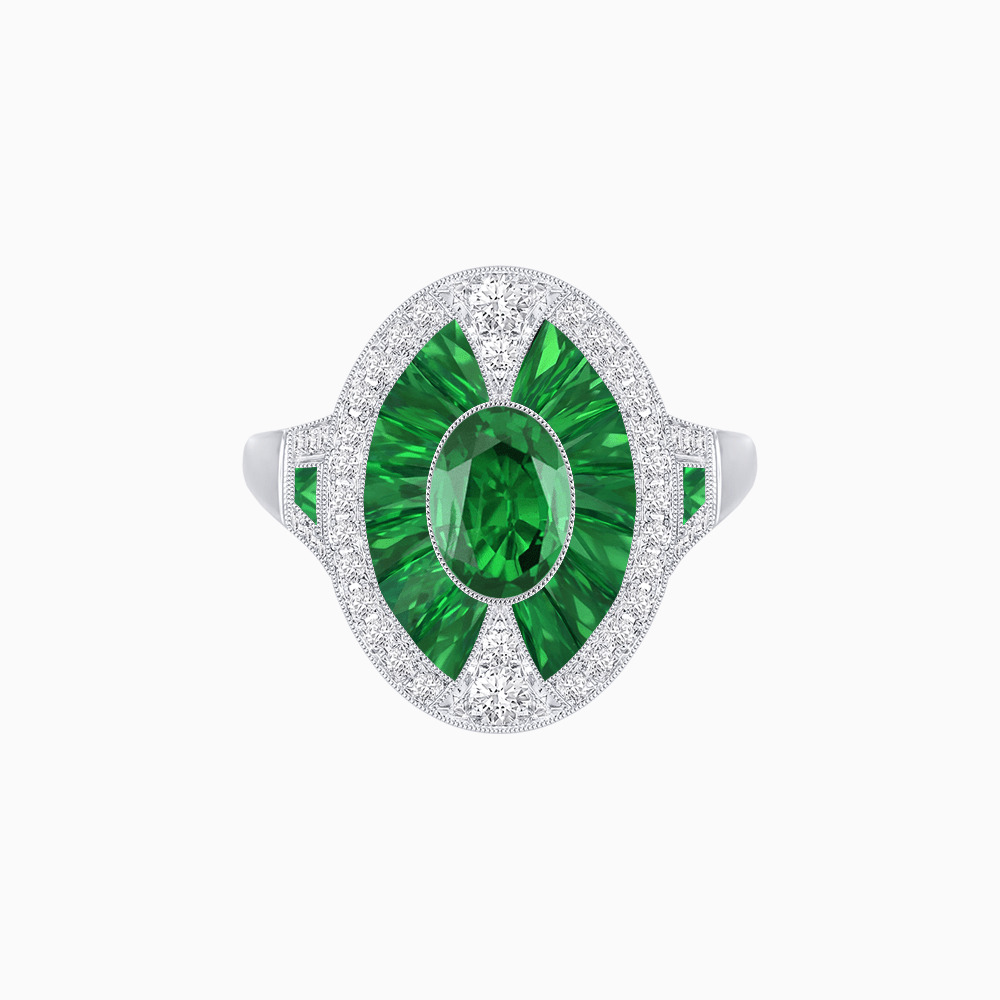 Art Deco Inspired Oval-Cut Ring with French-Cut Gemstone Halo - Shahin Jewelry
