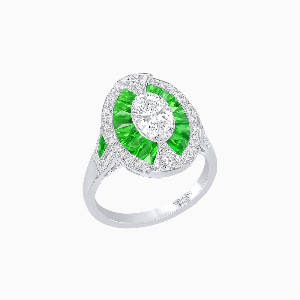 Art Deco Inspired Oval-Cut Ring with French-Cut Gemstone Halo - Shahin Jewelry