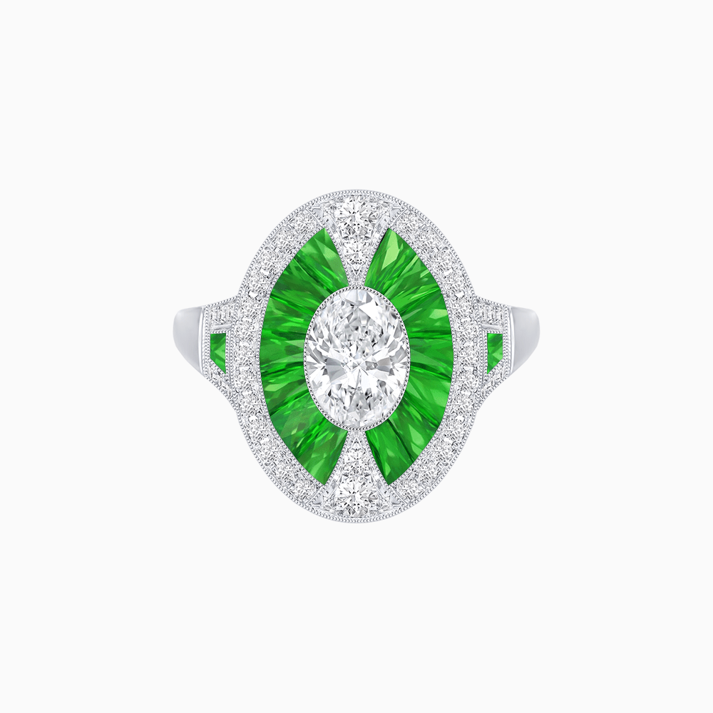 Art Deco Inspired Oval-Cut Ring with French-Cut Gemstone Halo - Shahin Jewelry