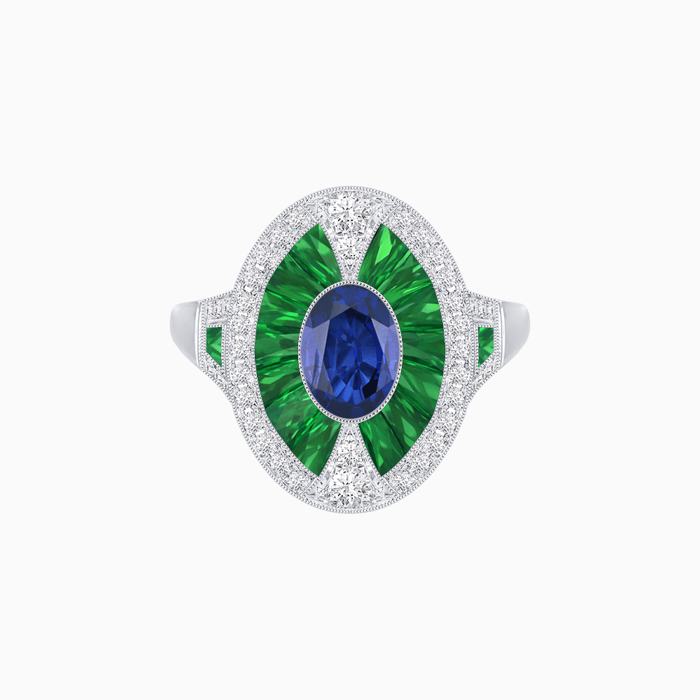 Art Deco Inspired Oval-Cut Ring with French-Cut Gemstone Halo - Shahin Jewelry