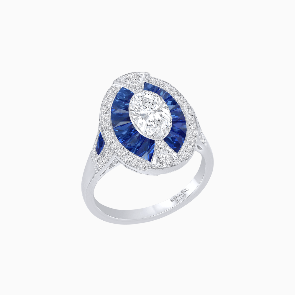 Art Deco Inspired Oval-Cut Ring with French-Cut Gemstone Halo - Shahin Jewelry