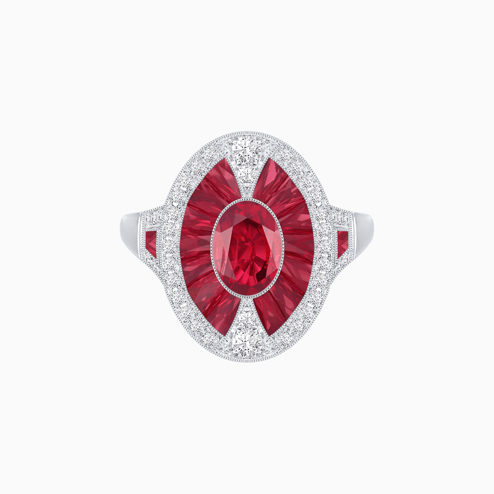 Art Deco Inspired Oval-Cut Ring with French-Cut Gemstone Halo - Shahin Jewelry