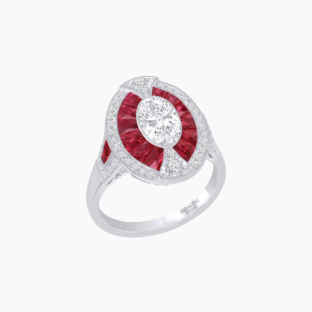 Art Deco Inspired Oval-Cut Ring with French-Cut Gemstone Halo - Shahin Jewelry