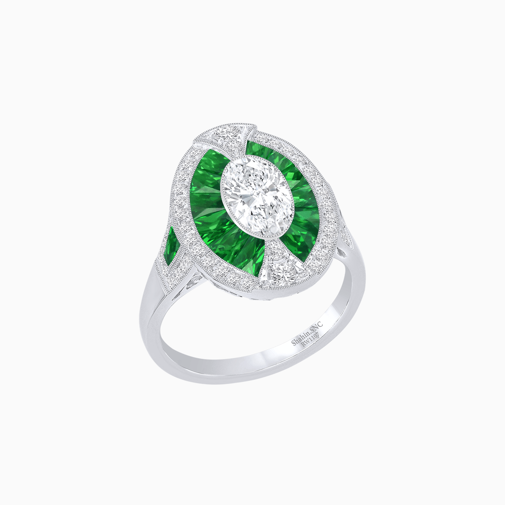 Art Deco Inspired Oval-Cut Ring with French-Cut Gemstone Halo - Shahin Jewelry
