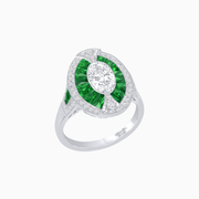 Art Deco Inspired Oval-Cut Ring with French-Cut Gemstone Halo - Shahin Jewelry