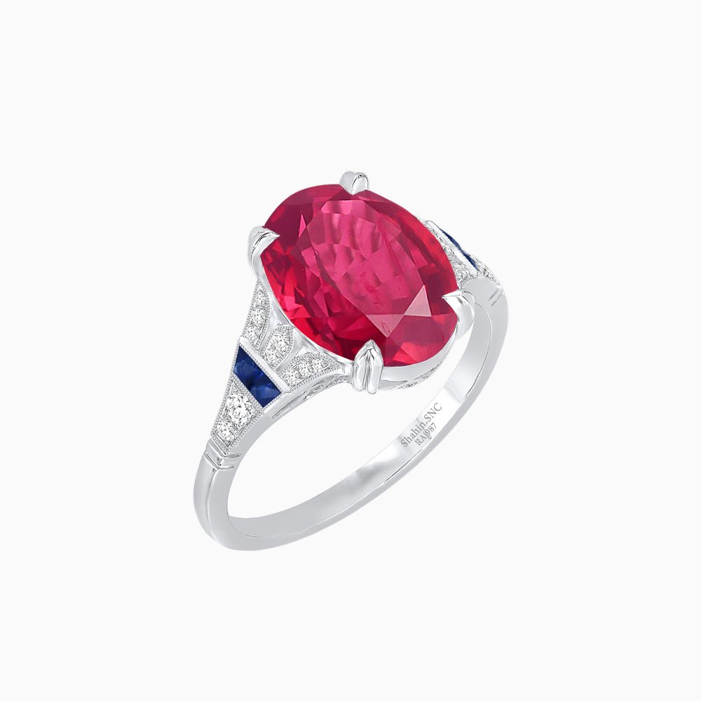 Art Deco Inspired Oval Cut Ring with Gemstone Side Accents - Shahin Jewelry