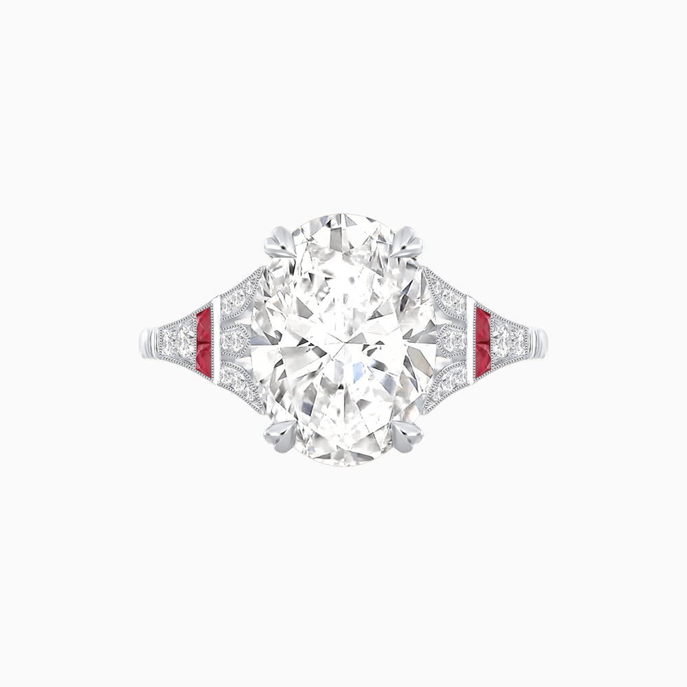 Art Deco Inspired Oval Cut Ring with Gemstone Side Accents - Shahin Jewelry