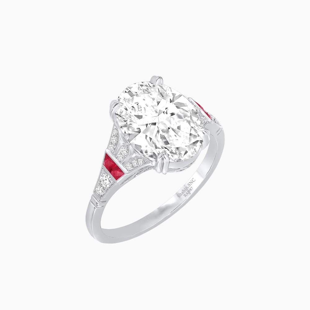 Art Deco Inspired Oval Cut Ring with Gemstone Side Accents - Shahin Jewelry