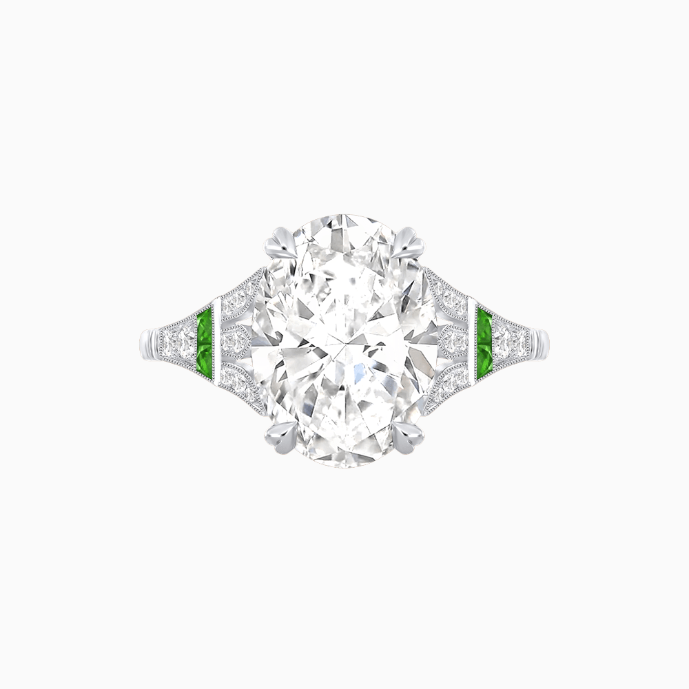 Art Deco Inspired Oval Cut Ring with Gemstone Side Accents - Shahin Jewelry