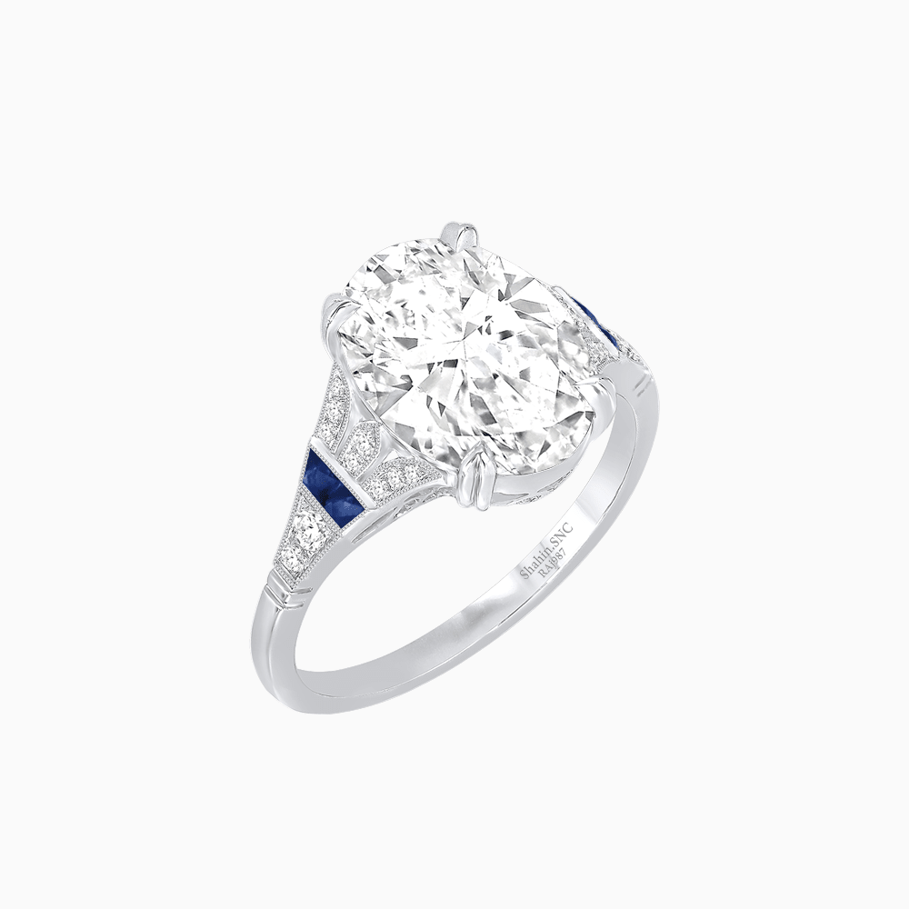 Art Deco Inspired Oval Cut Ring with Gemstone Side Accents - Shahin Jewelry