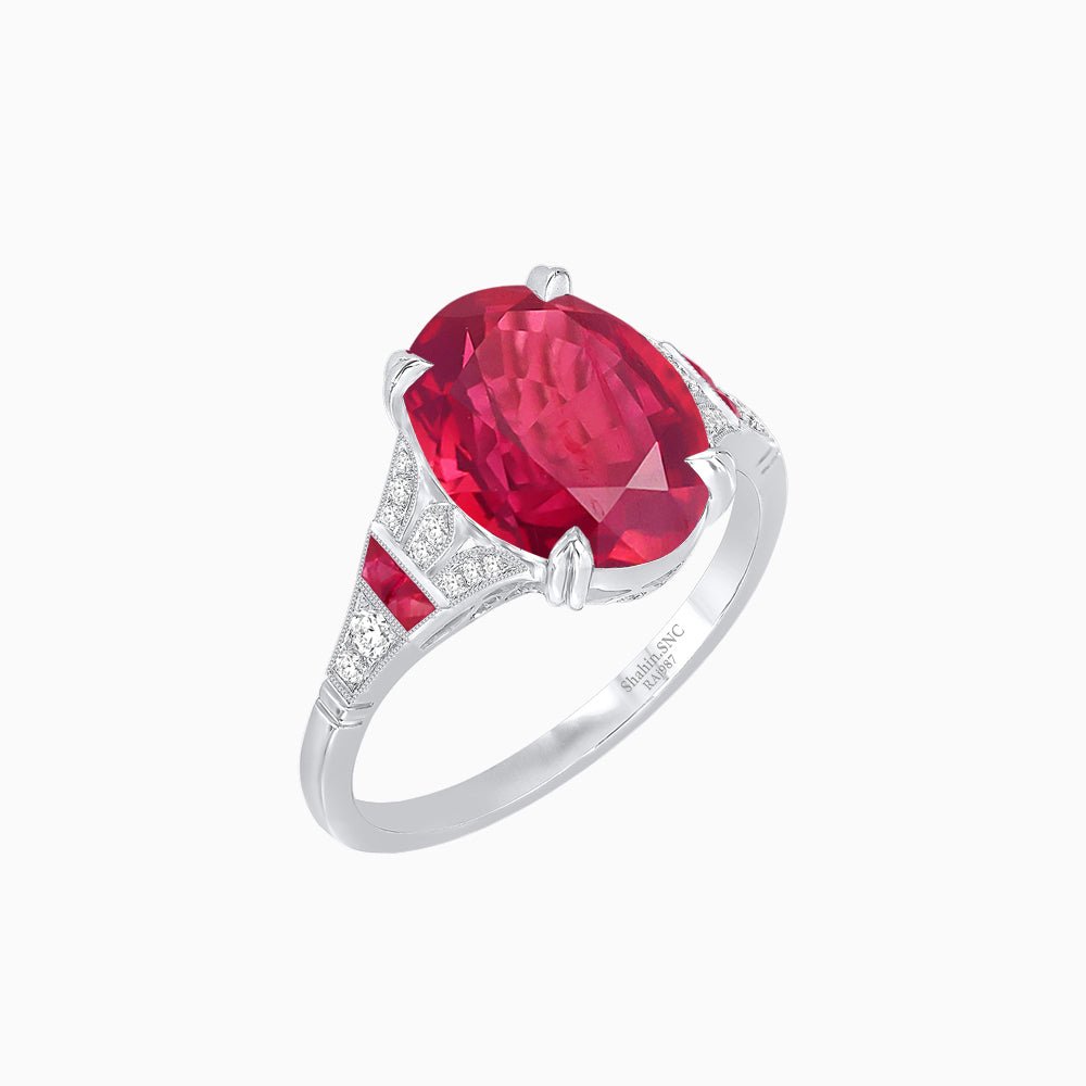 Art Deco Inspired Oval Cut Ring with Gemstone Side Accents - Shahin Jewelry