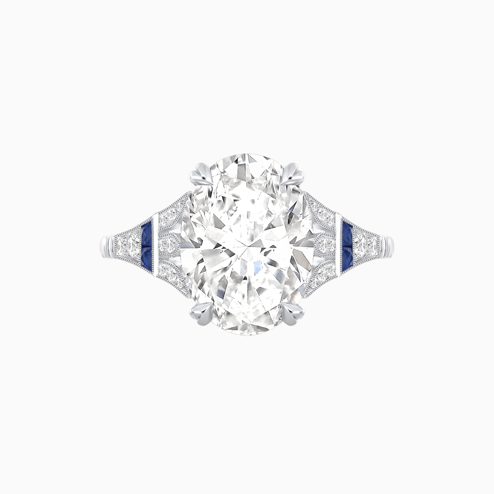Art Deco Inspired Oval Cut Ring with Gemstone Side Accents - Shahin Jewelry