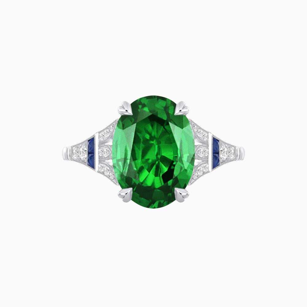 Art Deco Inspired Oval Cut Ring with Gemstone Side Accents - Shahin Jewelry