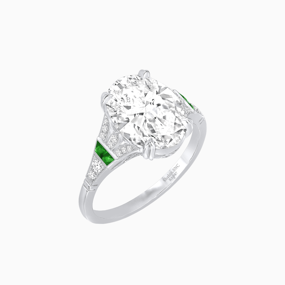 Art Deco Inspired Oval Cut Ring with Gemstone Side Accents - Shahin Jewelry