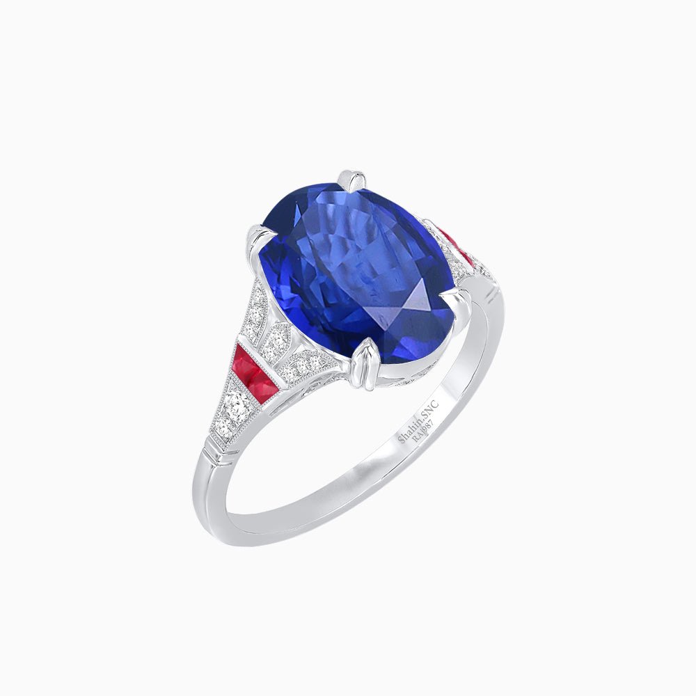 Art Deco Inspired Oval Cut Ring with Gemstone Side Accents - Shahin Jewelry