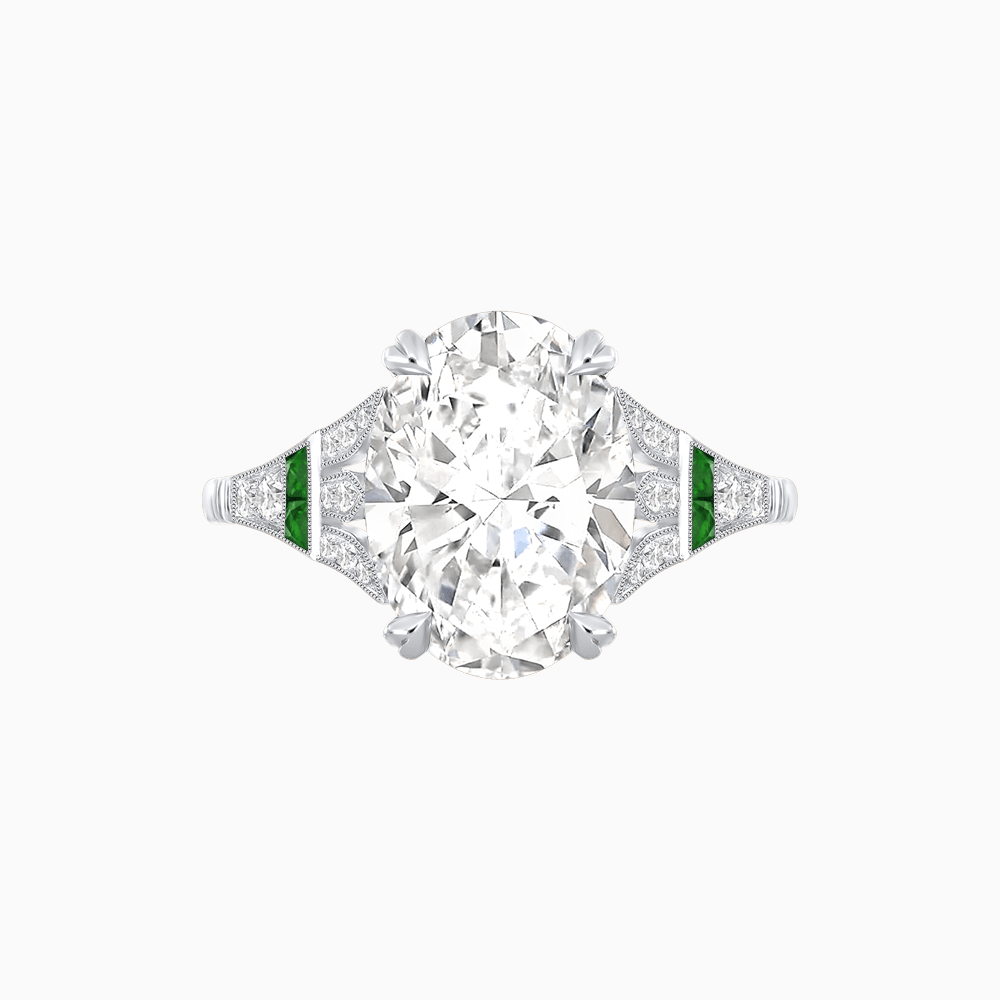 Art Deco Inspired Oval Cut Ring with Gemstone Side Accents - Shahin Jewelry