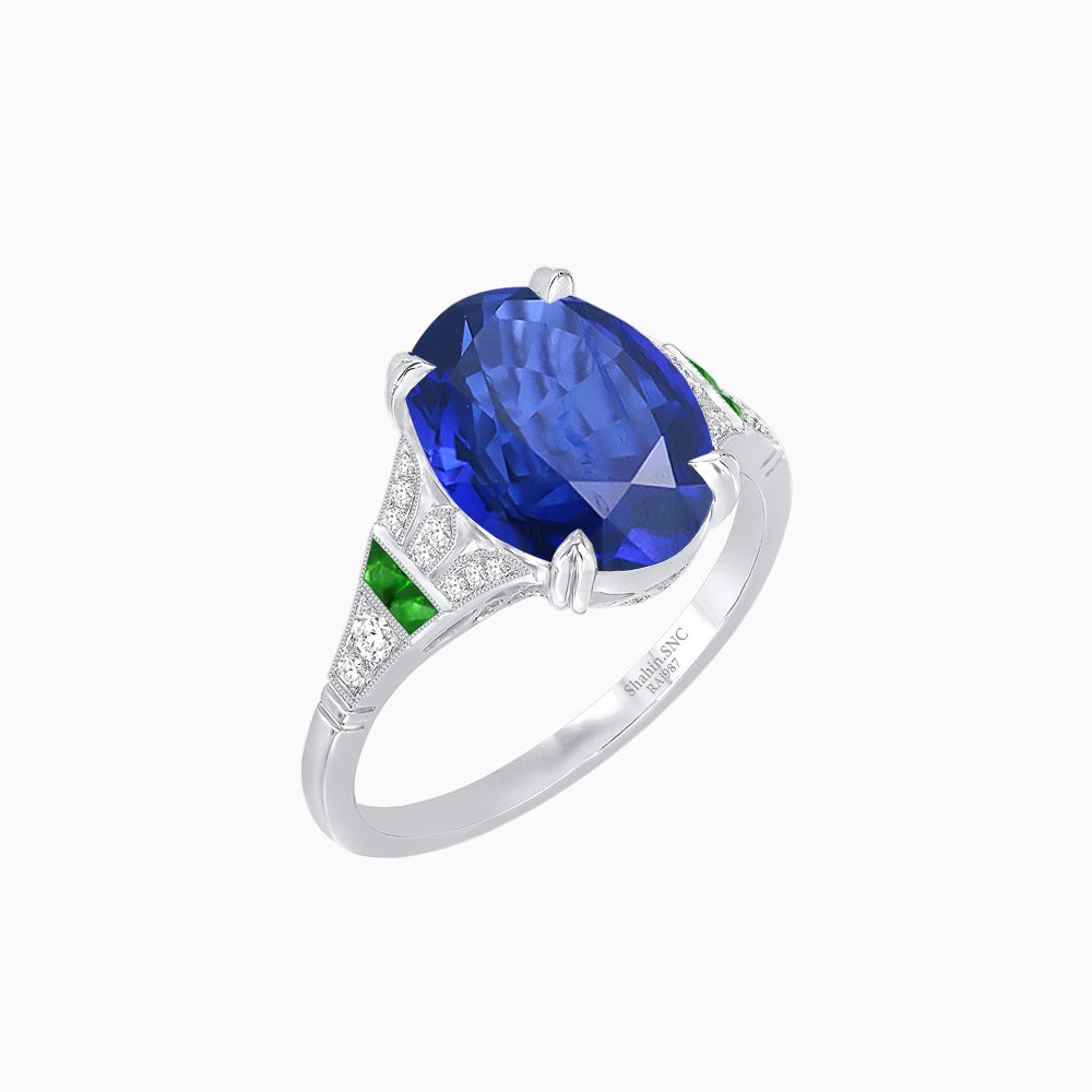 Art Deco Inspired Oval Cut Ring with Gemstone Side Accents - Shahin Jewelry