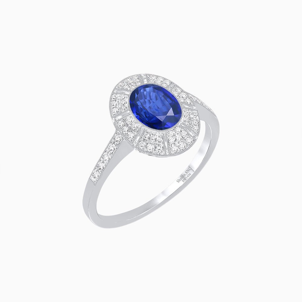 Art Deco Inspired Oval Cut Sunburst Diamond Halo Ring - Shahin Jewelry
