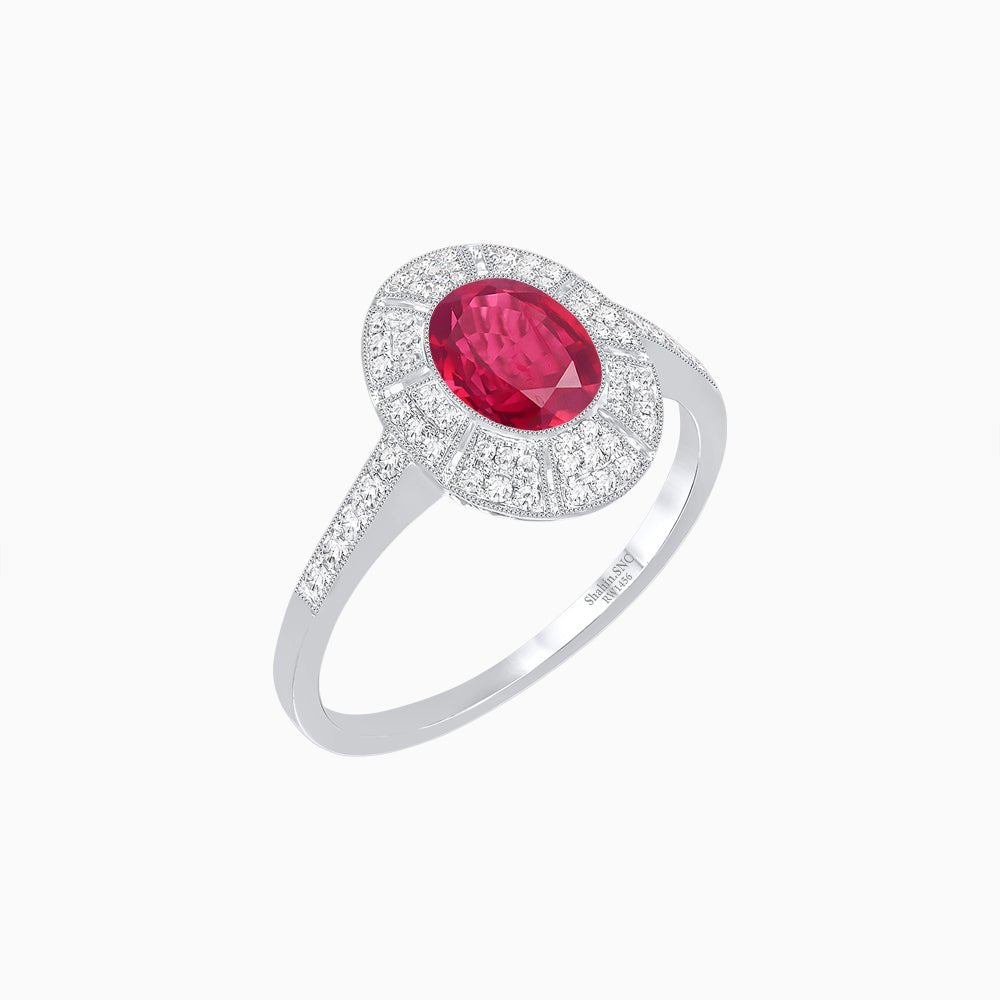Art Deco Inspired Oval Cut Sunburst Diamond Halo Ring - Shahin Jewelry