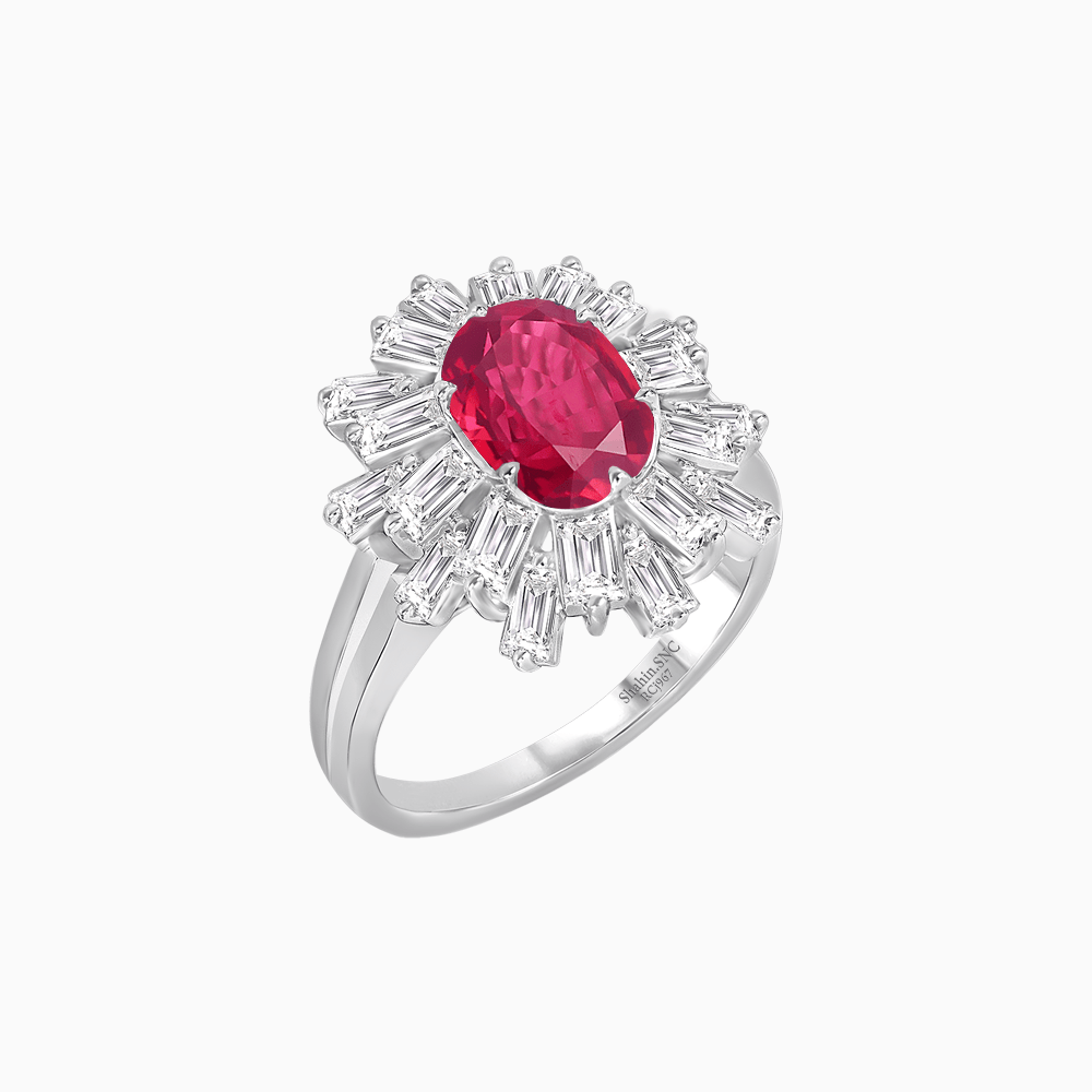 Art Deco Inspired Oval Cut Tapered Baguette Halo Ring - Shahin Jewelry