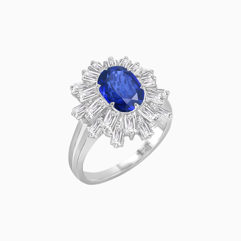 Art Deco Inspired Oval Cut Tapered Baguette Halo Ring - Shahin Jewelry